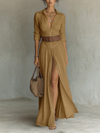 Vestido Maxi con Cuello de Solapa y Mangas Largas
