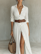 Vestido Maxi con Cuello de Solapa y Mangas Largas