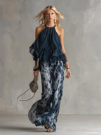 Candela - Elegante en Chiffon con Top de Cuello Alto y Pantalones Anchos Estampados
