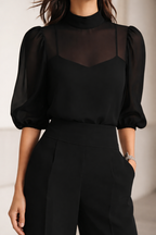 Valentina | Conjunto de Tres Piezas Compuesto por una Camisola Transparente y Pantalones de Pierna Ancha.