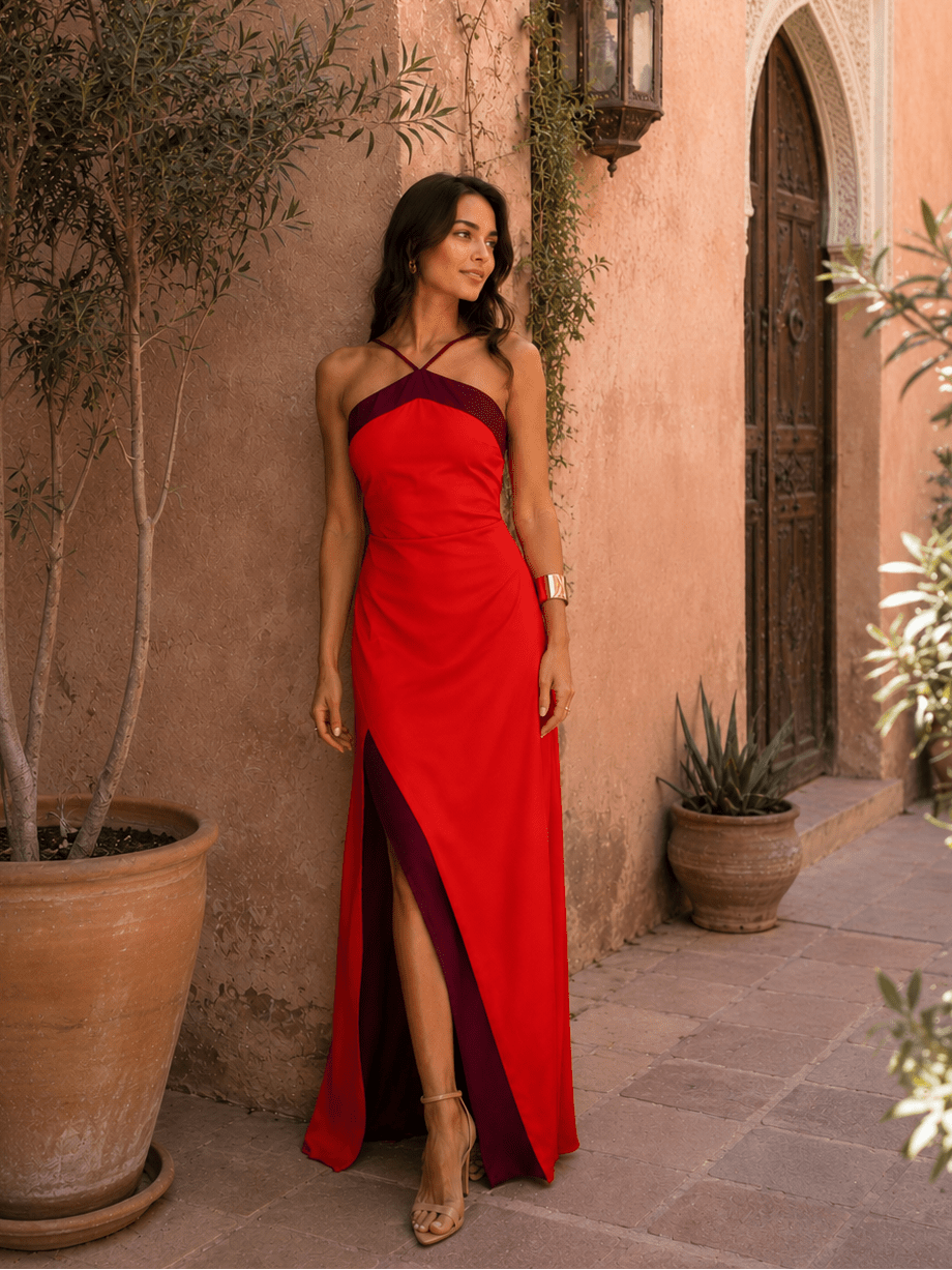 Elisa™ | Vestido largo con escote al cuello y abertura